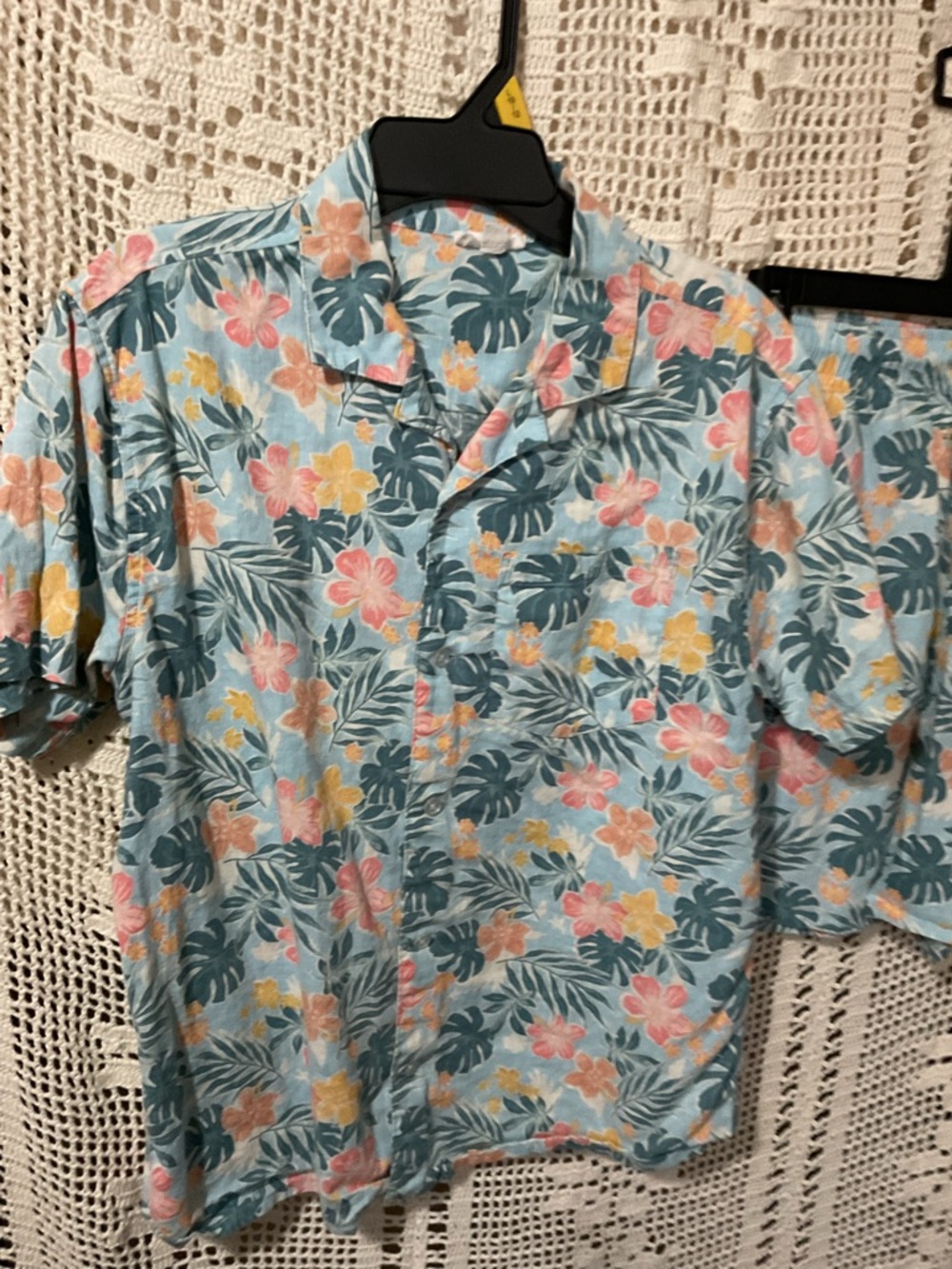 Dillard’s Scene & Heard 2 piece Hawaiian shirt tropical shorts linen blend 14/16
